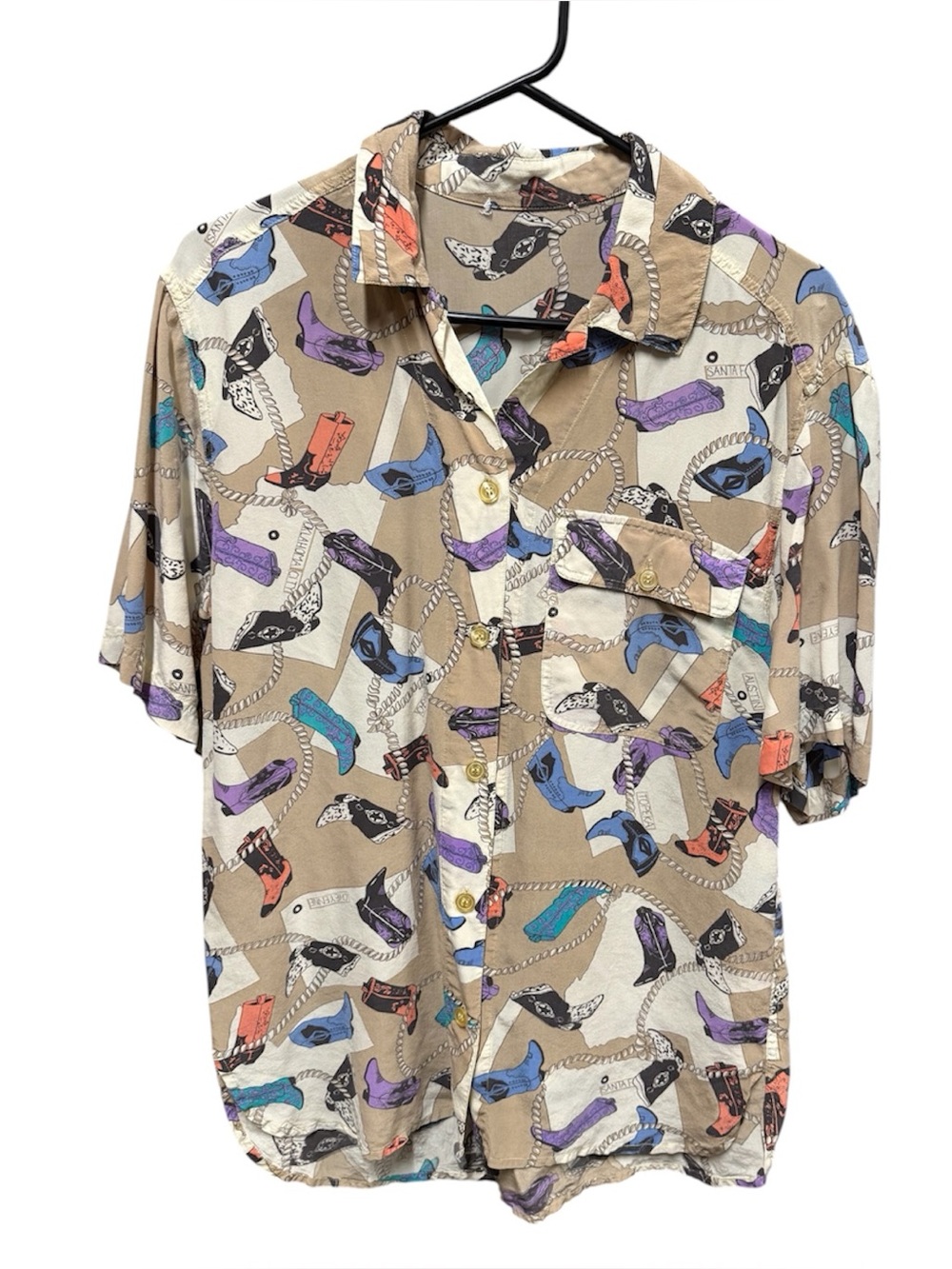 Vintage Southwestern States Novelty Print Silk Button Shirt Cowboy Boots Small